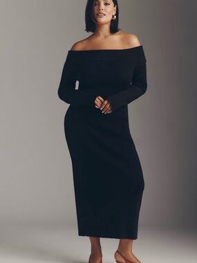 Anthropologie Off-Shoulder Black Ribbed Maxi Dress